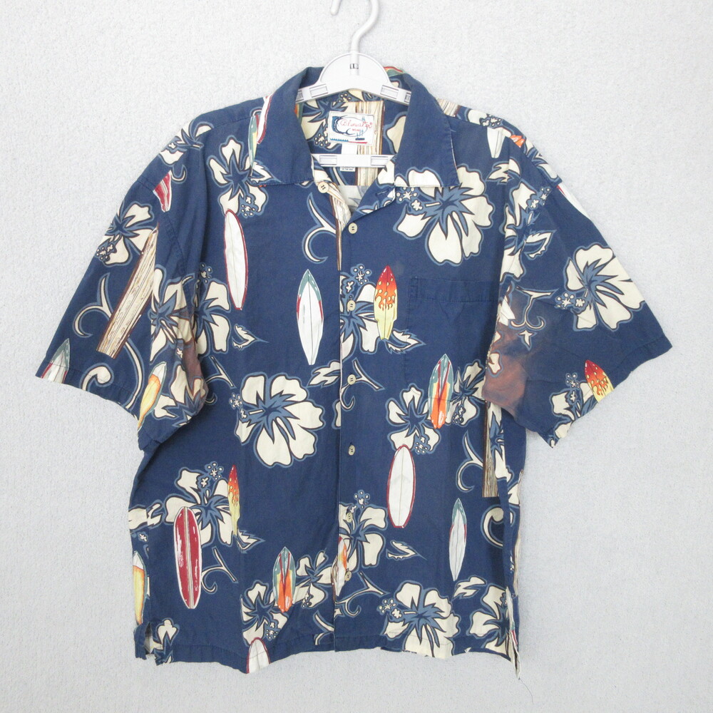Bluewater Wear Hawaiian Shirt Mens Large Navy‎ Surf Board Floral Beach Tropical